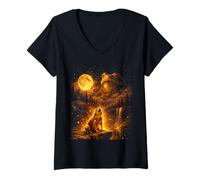 Mujer Divertida Rana con Forma de Animal a la luz de la Luna Vintage Aullando en la Luna Camiseta Cuello V