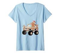 Mujer Divertida repostería navideña de Gingerbread Man Monster Truck Camiseta Cuello V