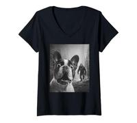 Mujer Divertida Selfie de Bulldog francés con gráfico de Bigfoot Sasquatch Camiseta Cuello V