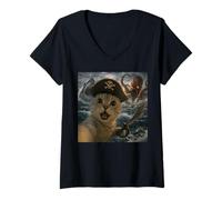 Mujer Divertida Selfie de Gato Pirata con Monstruo Marino, Pulpo y tiburón Camiseta Cuello V