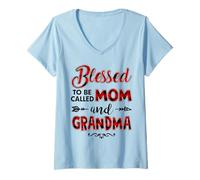 Mujer Divertida Tela Escocesa Blessed To Be Called Mom and Grandma, Color Rojo Camiseta Cuello V