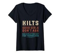 Mujer Divertidas faldas escocesas tradicionales de Escocia Las buenas chicas no preguntan a los hombres Camiseta Cuello V