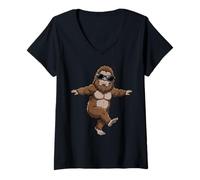 Mujer Divertidas Gafas de Sol Bigfoot Bailando Música Dance Pose Sasquatch Camiseta Cuello V