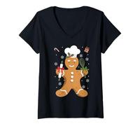 Mujer Divertidas Galletas navideñas de Gingerbread Man, Panadero y Chef Camiseta Cuello V