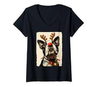 Mujer Divertidas Luces Festivas de Perro Boston Terrier de Navidad Camiseta Cuello V