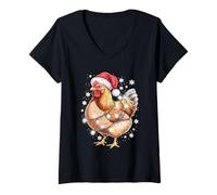 Mujer Divertidas Luces navideñas con Sombrero de Papá Noel y Pollo Camiseta Cuello V