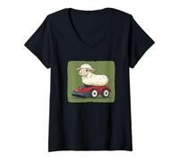 Mujer Divertidas ovejas cortadoras de césped reina sobre los pastizales Camiseta Cuello V