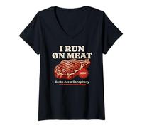 Mujer Divertidísimo Filete cetogénico carnívoro de I Run on Meat Carbs Conspiracy Camiseta Cuello V