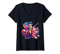 Mujer Divertido 4 de Julio George Washington Riding Cat Patriotic Camiseta Cuello V