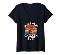 Mujer Divertido Adivina lo Que Dice el Gallo Trasero de Pollo Camiseta Cuello V