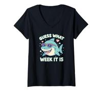 Mujer Divertido Adivina qué Semana es Shark Joke Lover Ocean Wildlife Camiseta Cuello V