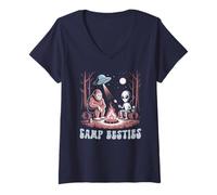 Mujer Divertido Alien Bigfoot Summer Camp Besties Campground Equipo Camiseta Cuello V