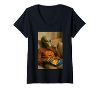 Mujer Divertido Alien Sofá Patata Ilustración UFO Arte Snack Lover Camiseta Cuello V