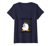 Mujer Divertido Amante del café pingüino Despierto no Empuje Camiseta Cuello V