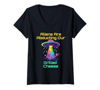 Mujer Divertido Amante Del Queso A La Parrilla Alienígena UFO Secuestro Humor Meme Camiseta Cuello V
