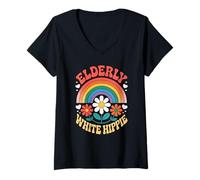 Mujer Divertido Anciano Blanco Hippie Retro Rainbow Humor Mujeres Hombres Camiseta Cuello V