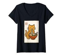 Mujer Divertido Anime japonés Kawaii para Hombres, niños, Mujeres, Gatos, Come, Ramen Camiseta Cuello V