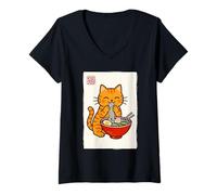 Mujer Divertido Anime japonés Kawaii para Hombres, niños, Mujeres, Gatos, Come, Ramen Camiseta Cuello V