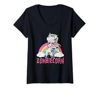 Mujer Divertido arcoíris de Halloween para Amantes del Unicornio Zombi de Zombiecorn Camiseta Cuello V