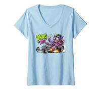 Mujer Divertido Arrastrar o Morir Hotrod Dragster Rat Rod Race Car Cartoon Camiseta Cuello V