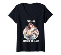 Mujer Divertido Arte felino de Cat Lady con Varios Gatos, Cuidado con Las Garras Camiseta Cuello V