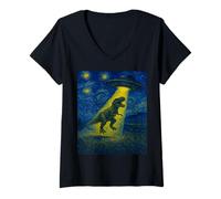 Mujer Divertido Arte Moderno T-Rex secuestrado por alienígenas diseño OVNI Camiseta Cuello V