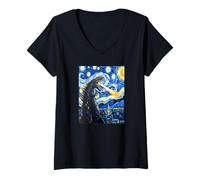 Mujer Divertido arte nocturno de monstruos de Starry Kaiju Camiseta Cuello V