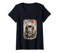 Mujer Divertido Astronauta Gato Tomando Selfie Espacio Gatito Amante Sumi-e Camiseta Cuello V