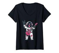 Mujer Divertido Astronauta Guitarrista Rock Música Espacio Tema Diseño Camiseta Cuello V
