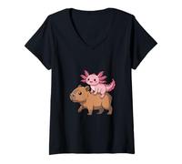 Mujer Divertido Axolotl Montando Capibara Tonto Animal Duo Camiseta Cuello V