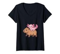 Mujer Divertido Axolotl Montando Capibara Tonto Animal Duo Camiseta Cuello V