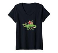 Mujer Divertido Beber Papá Noel Montando Un Reno De Dinosaurio T-Rex Camiseta Cuello V