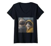 Mujer Divertido Bicolor Gato Tiburón Ataque Meme Vintage Camiseta Cuello V