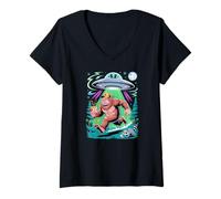 Mujer Divertido Bigfoot y Alien Escape Sasquatch Dibujos Animados Camiseta Cuello V