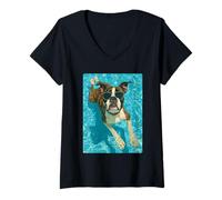 Mujer Divertido Boxeador con Gafas de Sol Cool Dog Swimming Summer Vibes Camiseta Cuello V