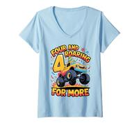 Mujer Divertido camión para el Cuarto cumpleaños de Truck Four y Roaring for More Camiseta Cuello V