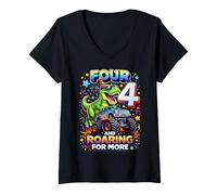 Mujer Divertido camión para el Cuarto cumpleaños de Truck Four y Roaring for More Camiseta Cuello V