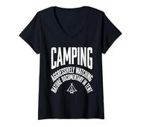 Mujer Divertido Camping Viendo documental de la Naturaleza en Carpa Cita Camiseta Cuello V