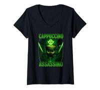 Mujer Divertido Cappuccino Assassin Café Ninja Samurái Camiseta Camiseta Cuello V