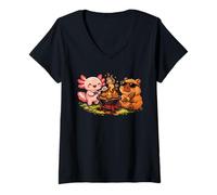 Mujer Divertido carpincho y Axolotl para Acampar, Barbacoa, Bonito Ambiente Veraniego, Comida Camiseta Cuello V