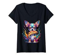 Mujer Divertido Chihuahua Comiendo Pizza Colorido Gráfico Pop Art Camiseta Cuello V