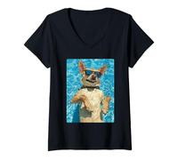 Mujer Divertido Chihuahua con Gafas de Sol Cool Dog Swimming Summer Vibe Camiseta Cuello V
