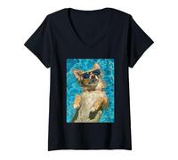 Mujer Divertido Chihuahua con Gafas de Sol Cool Dog Swimming Summer Vibe Camiseta Cuello V