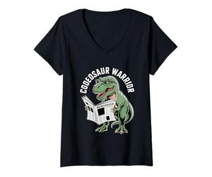 Mujer Divertido Codeosaurio Guerrero Dinosaurio Lectura Periódico Camiseta Cuello V