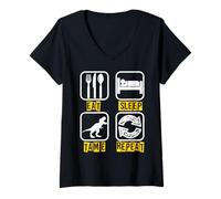 Mujer Divertido Comer Dormir Domar Repetir Dinosaurio Gamer Camiseta Cuello V