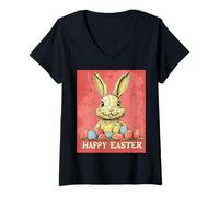 Mujer Divertido conejo de Pascua vintage retro huevos de Pascua diseño divertido Camiseta Cuello V