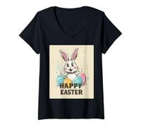 Mujer Divertido conejo de Pascua vintage retro huevos de Pascua diseño divertido Camiseta Cuello V