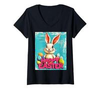 Mujer Divertido conejo de Pascua vintage retro huevos de Pascua diseño divertido Camiseta Cuello V