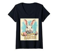 Mujer Divertido conejo de Pascua vintage retro huevos de Pascua diseño divertido Camiseta Cuello V