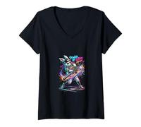 Mujer Divertido Conejo goteando Conejo de béisbol Pascua Camiseta Cuello V